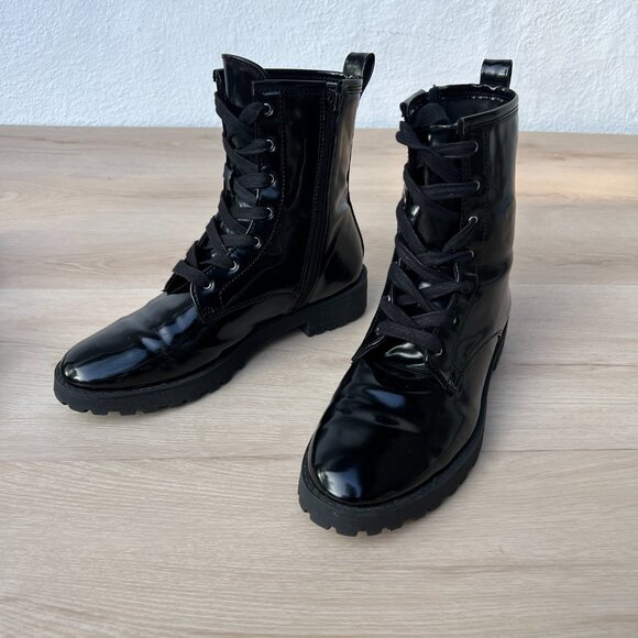 H&M Faux Patent Leather Lace Up & Zip Up Black Combat Boots Size 8 / 90s Grunge - Picture 1 of 12